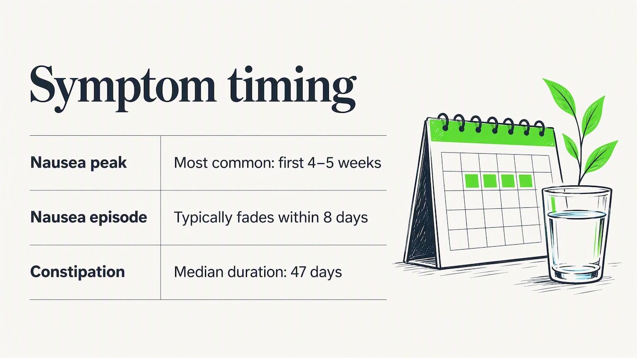 GLP-1 Constipation Relief: What Works, and When to Call 2 Reported timing of nausea and constipation symptoms